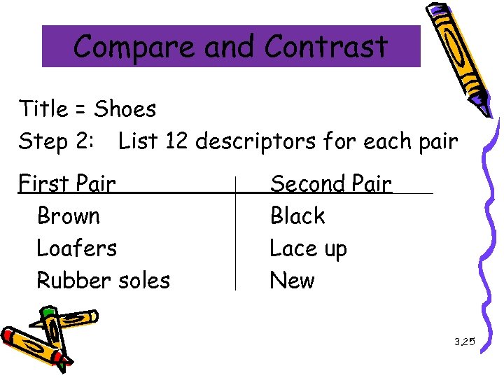Compare and Contrast Title = Shoes Step 2: List 12 descriptors for each pair