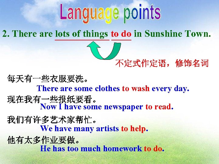 2. There are lots of things to do in Sunshine Town. 不定式作定语，修饰名词 每天有一些衣服要洗。 There