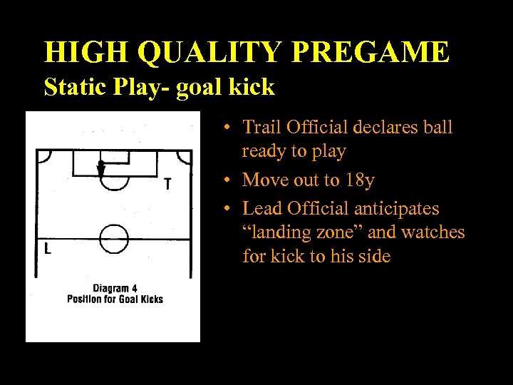 HIGH QUALITY PREGAME Static Play- goal kick • Trail Official declares ball ready to