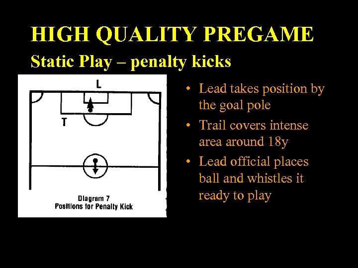 HIGH QUALITY PREGAME Static Play – penalty kicks • Lead takes position by the