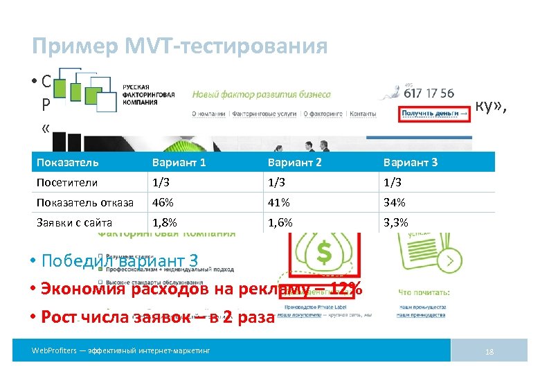 Пример MVT-тестирования • Сравнивалось расположение элементов и контент: Р, Руб. или $, «Получить деньги»