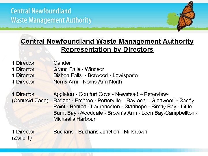 Central Newfoundland Waste Management Authority Representation by Directors 1 Director Gander Grand Falls -