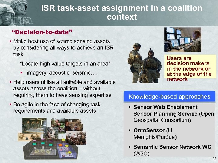 ISR task-asset assignment in a coalition context “Decision-to-data” § Make best use of scarce