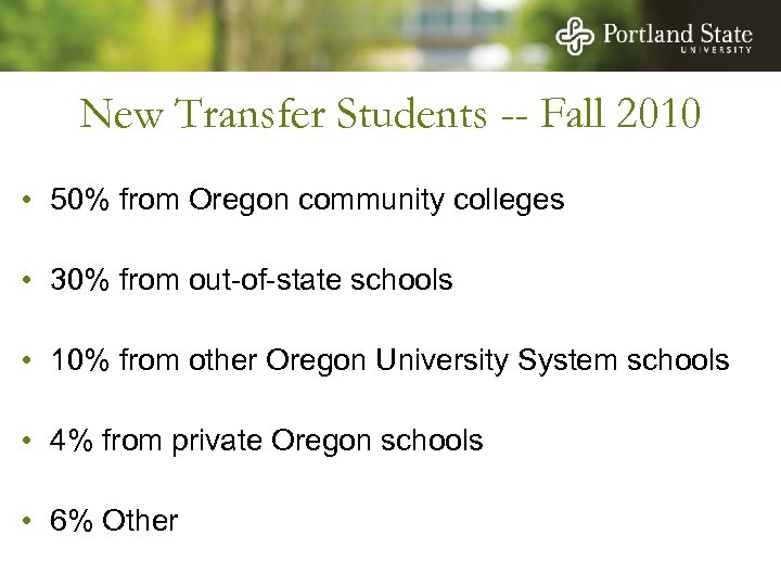 New Transfer Students -- Fall 2010 • 50% from Oregon community colleges • 30%