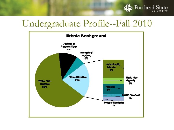 Undergraduate Profile--Fall 2010 Ethnic Background Declined to Respond/Other 8% International Student 6% Asian/Pacific Islander