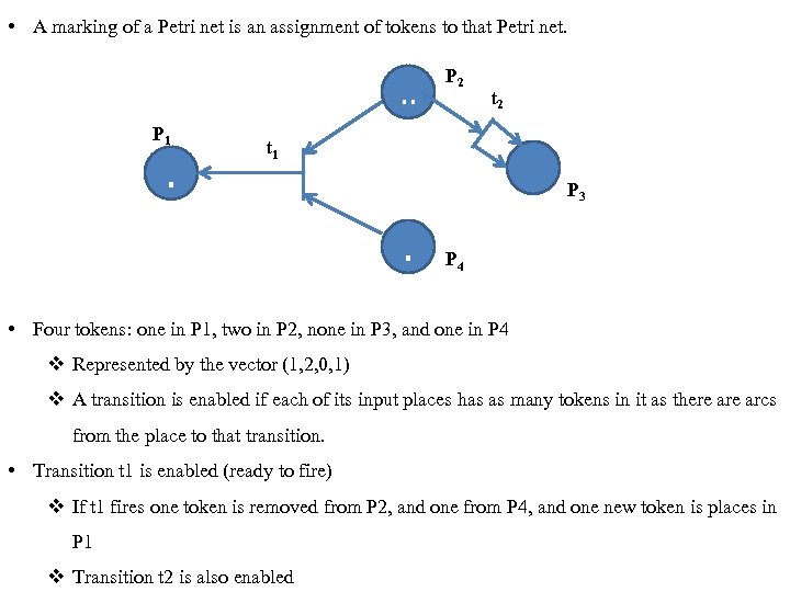  • A marking of a Petri net is an assignment of tokens to