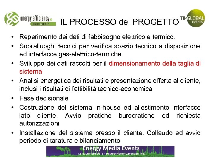 IL PROCESSO del PROGETTO • Reperimento dei dati di fabbisogno elettrico e termico, •