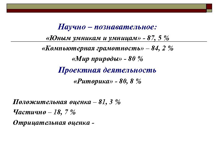 Научно – познавательное: «Юным умникам и умницам» - 87, 5 % «Компьютерная грамотность» –