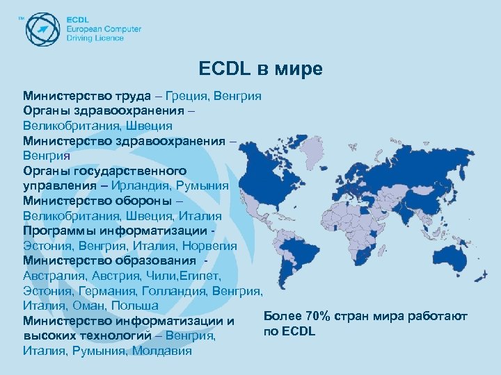 ECDL в мире Министерство труда – Греция, Венгрия Органы здравоохранения – Великобритания, Швеция Министерство