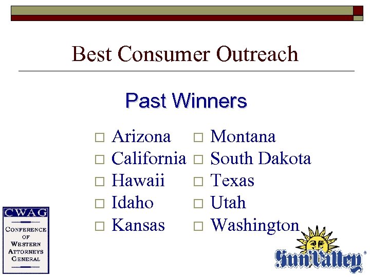 Best Consumer Outreach Past Winners o o o Arizona California Hawaii Idaho Kansas o