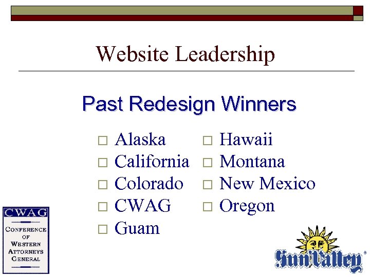 Website Leadership Past Redesign Winners o o o Alaska California Colorado CWAG Guam o