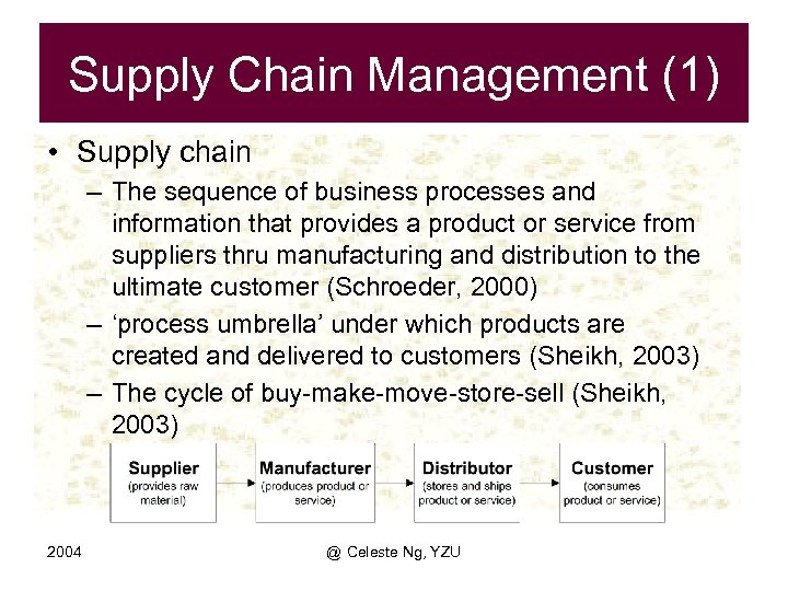 Supply Chain Management (1) • Supply chain – The sequence of business processes and