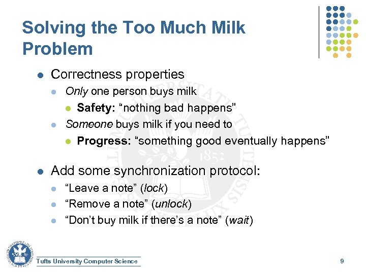Solving the Too Much Milk Problem l Correctness properties l l l Only one
