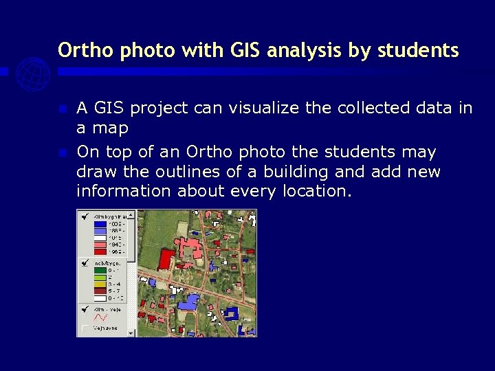 Ortho photo with GIS analysis by students A GIS project can visualize the collected