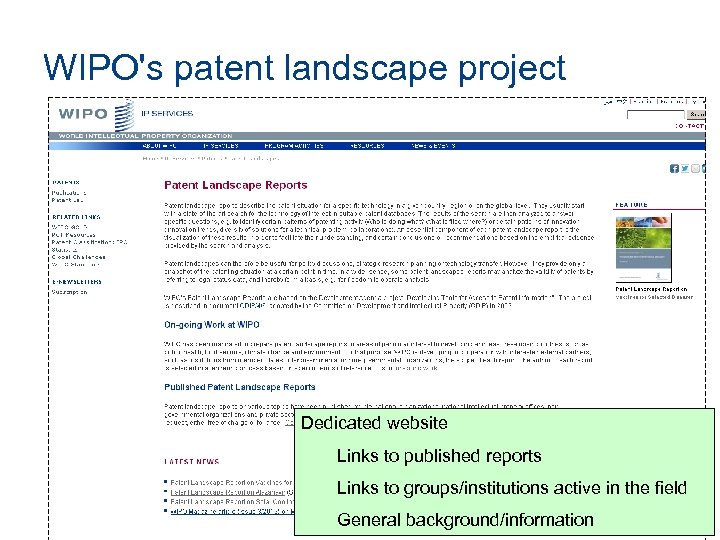 WIPO's patent landscape project Dedicated website Links to published reports Links to groups/institutions active