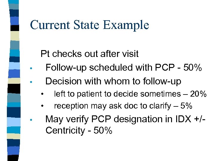 Current State Example • • Pt checks out after visit Follow-up scheduled with PCP