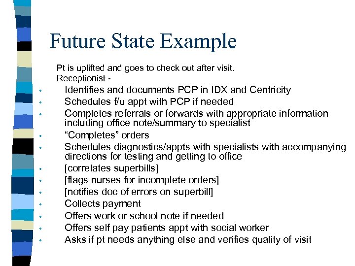 Future State Example Pt is uplifted and goes to check out after visit. Receptionist