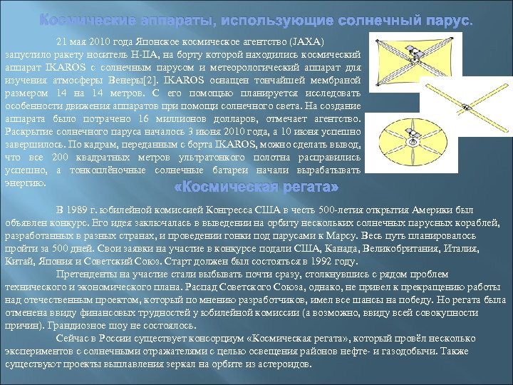 Космические аппараты, использующие солнечный парус. 21 мая 2010 года Японское космическое агентство (JAXA) запустило