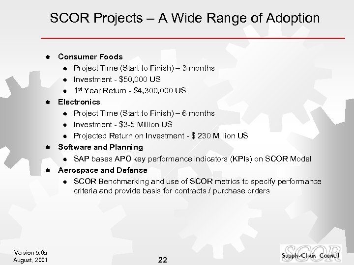 SCOR Projects – A Wide Range of Adoption Consumer Foods ® Project Time (Start