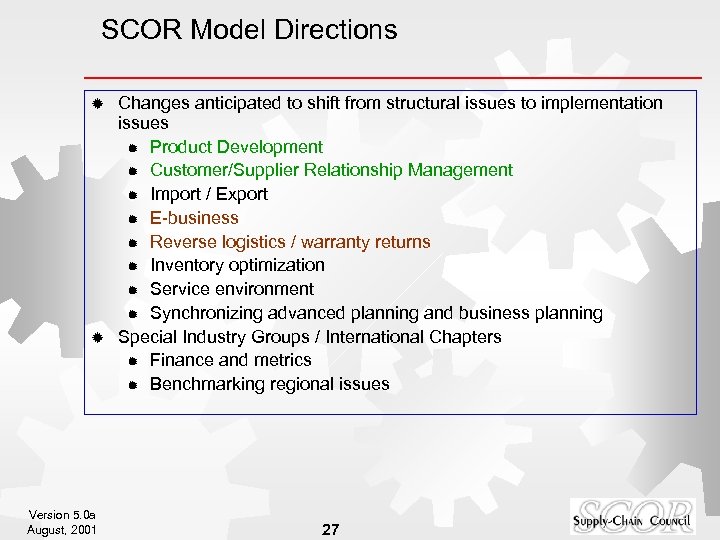 SCOR Model Directions Changes anticipated to shift from structural issues to implementation issues ®