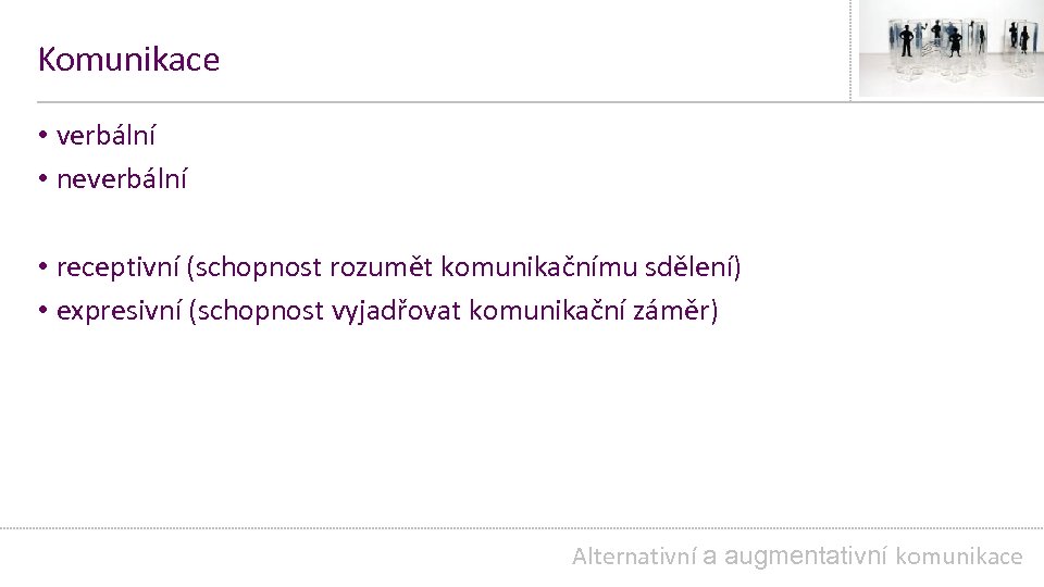 Komunikace • verbální • neverbální • receptivní (schopnost rozumět komunikačnímu sdělení) • expresivní (schopnost