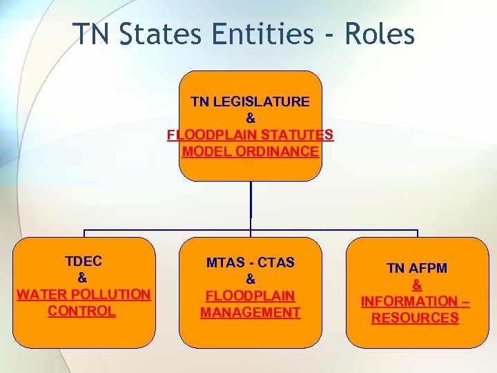 TN States Entities - Roles TN LEGISLATURE & FLOODPLAIN STATUTES MODEL ORDINANCE TDEC &