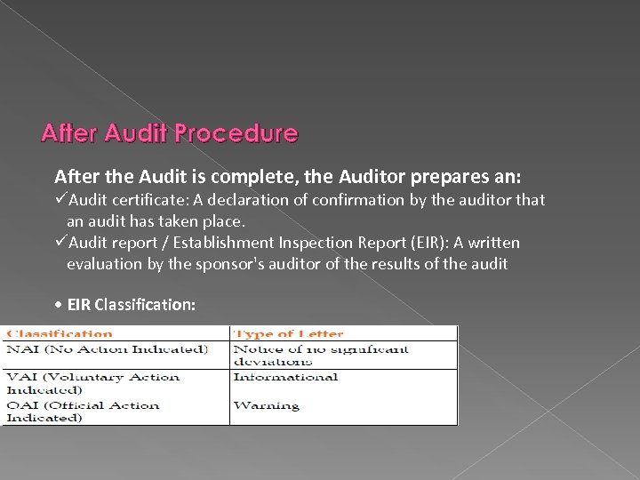 After Audit Procedure After the Audit is complete, the Auditor prepares an: üAudit certificate: