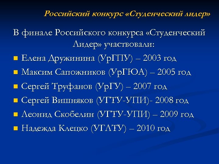 Российский конкурс «Студенческий лидер» В финале Российского конкурса «Студенческий Лидер» участвовали: n Елена Дружинина
