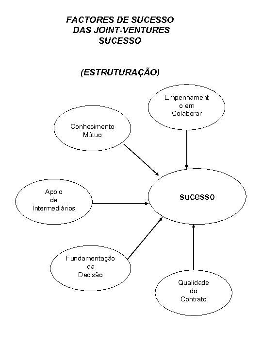 FACTORES DE SUCESSO DAS JOINT-VENTURES SUCESSO (ESTRUTURAÇÃO) Empenhament o em Colaborar Conhecimento Mútuo Apoio