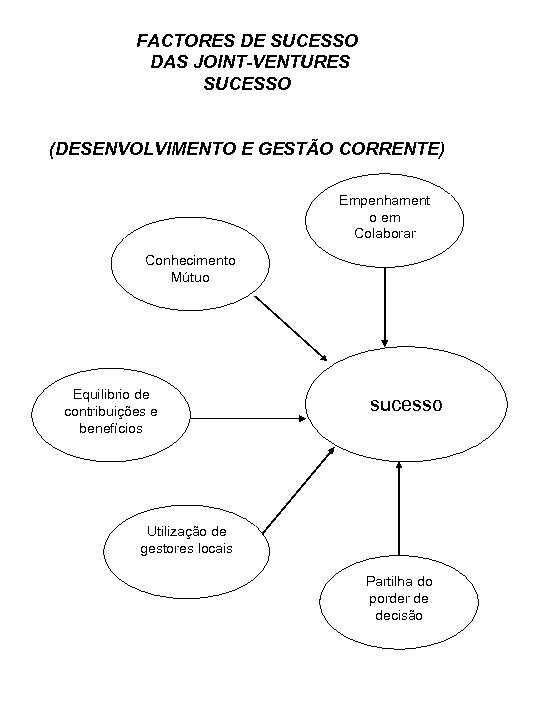 FACTORES DE SUCESSO DAS JOINT-VENTURES SUCESSO (DESENVOLVIMENTO E GESTÃO CORRENTE) Empenhament o em Colaborar