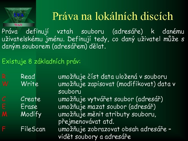 LVA Práva na lokálních discích WAN Práva definují vztah souboru (adresáře) k danému uživatelskému