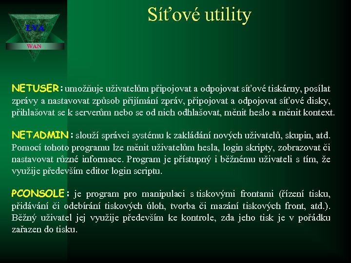 LVA Síťové utility WAN NETUSER : umožňuje uživatelům připojovat a odpojovat síťové tiskárny, posílat