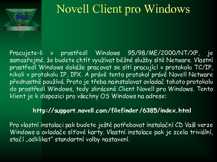 LVA Novell Client pro Windows WAN Pracujete-li v prostředí Windows 95/98/ME/2000/NT/XP, je samozřejmé, že