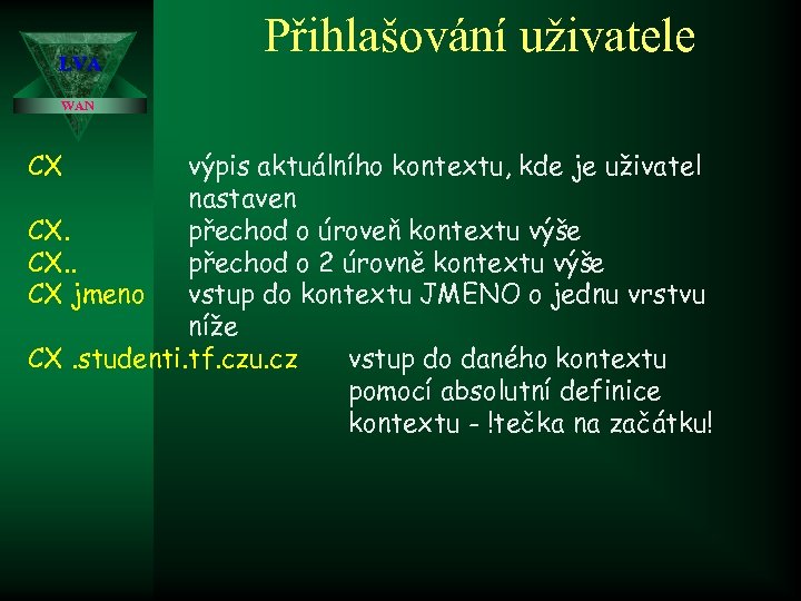 LVA Přihlašování uživatele WAN CX výpis aktuálního kontextu, kde je uživatel nastaven CX. přechod