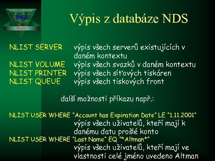 Výpis z databáze NDS LVA WAN NLIST SERVER NLIST VOLUME NLIST PRINTER NLIST QUEUE