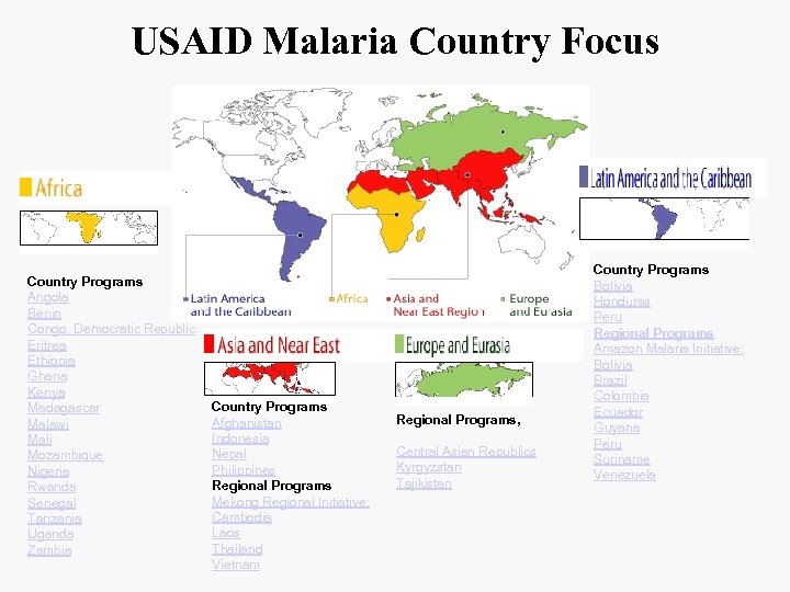 USAID Malaria Country Focus Country Programs Angola Benin Congo, Democratic Republic Eritrea Ethiopia Ghana