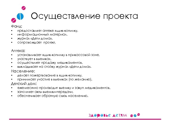Осуществление проекта Фонд: • • предоставляет аптеке ящик-копилку, информационный материал, журнал «Дети дома» .