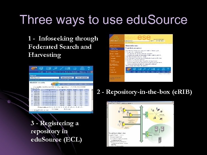 Three ways to use edu. Source 1 - Infoseeking through Federated Search and Harvesting