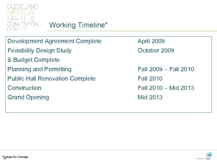 Working Timeline* Development Agreement Complete April 2009 Feasibility Design Study October 2009 & Budget