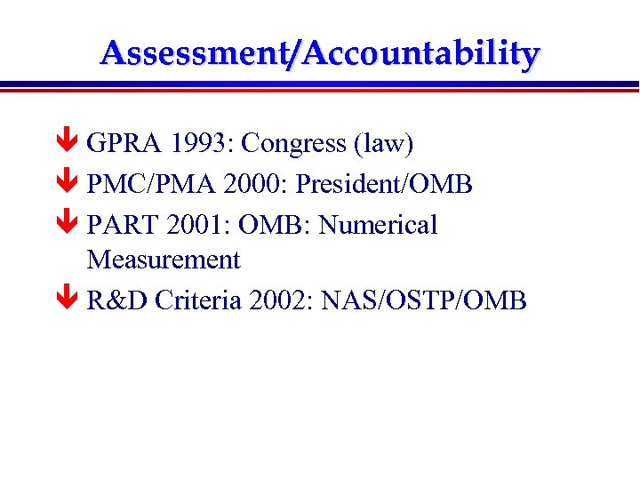 Assessment/Accountability ê GPRA 1993: Congress (law) ê PMC/PMA 2000: President/OMB ê PART 2001: OMB: