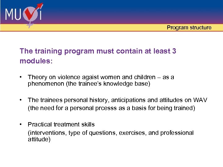 Program structure The training program must contain at least 3 modules: • Theory on