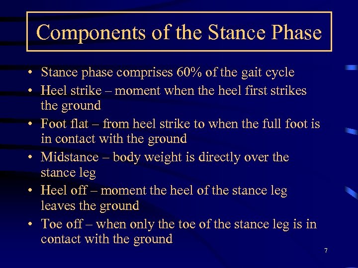 Components of the Stance Phase • Stance phase comprises 60% of the gait cycle