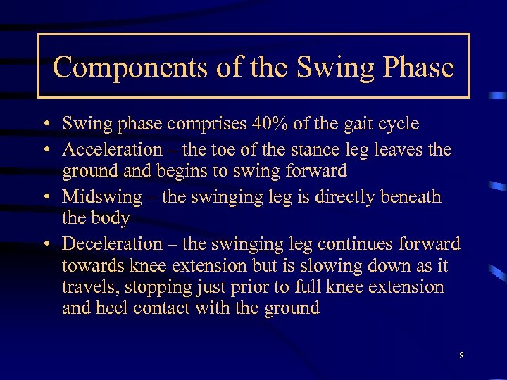 Components of the Swing Phase • Swing phase comprises 40% of the gait cycle