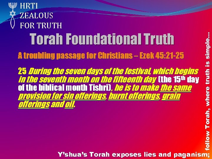 Torah Foundational Truth A troubling passage for Christians – Ezek 45: 21 -25 25