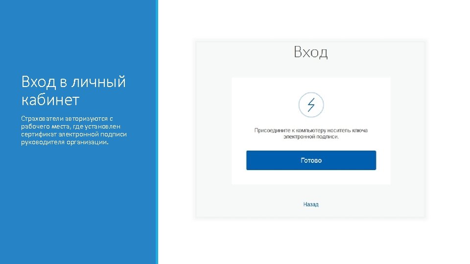 Вход в личный кабинет Страхователи авторизуются с рабочего места, где установлен сертификат электронной подписи