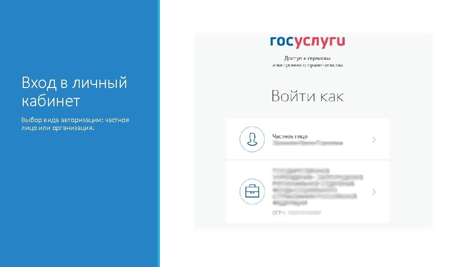 Вход в личный кабинет Выбор вида авторизации: частное лицо или организация. 