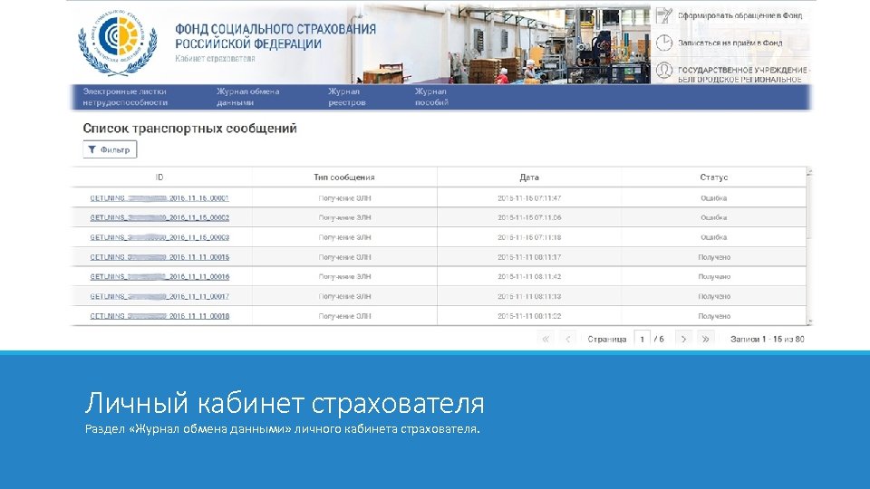 Личный кабинет страхователя Раздел «Журнал обмена данными» личного кабинета страхователя. 