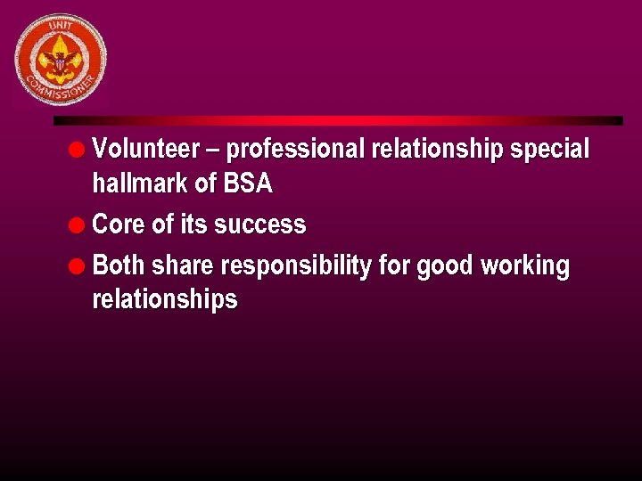 l Volunteer – professional relationship special hallmark of BSA l Core of its success