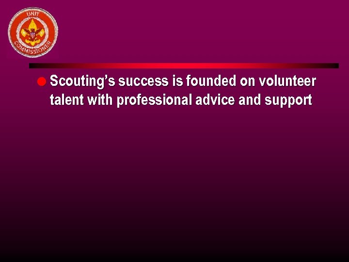 l Scouting’s success is founded on volunteer talent with professional advice and support 