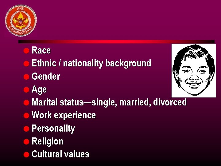 l Race l Ethnic / nationality background l Gender l Age l Marital status—single,